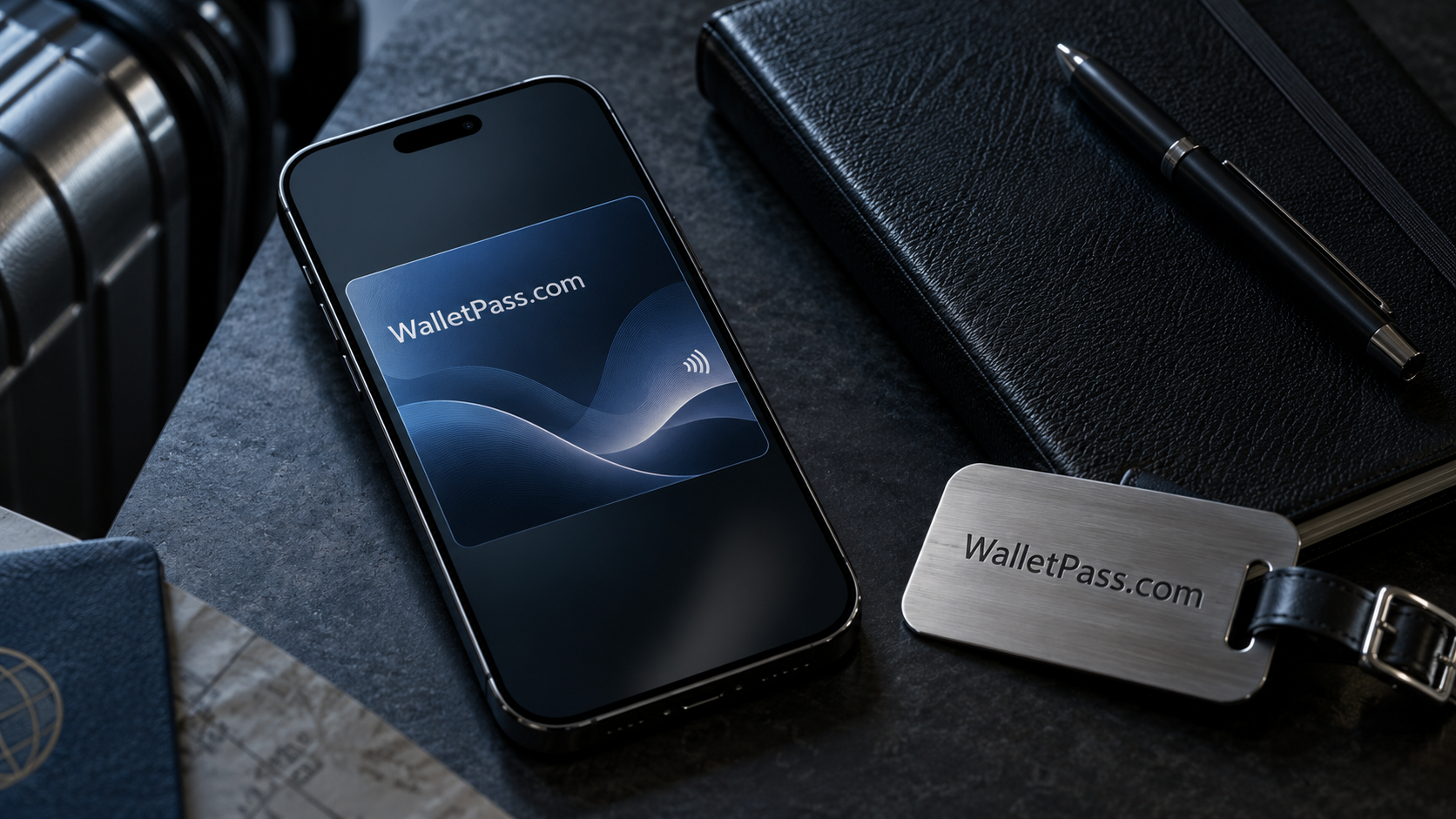 Product still for WalletPass.com: phone pass and metal tag on a soft graphite surface